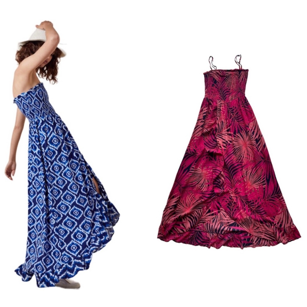 Monsoon Beach Tropical Print Shirred Bandeau Floaty Dress Front Slit Size Small